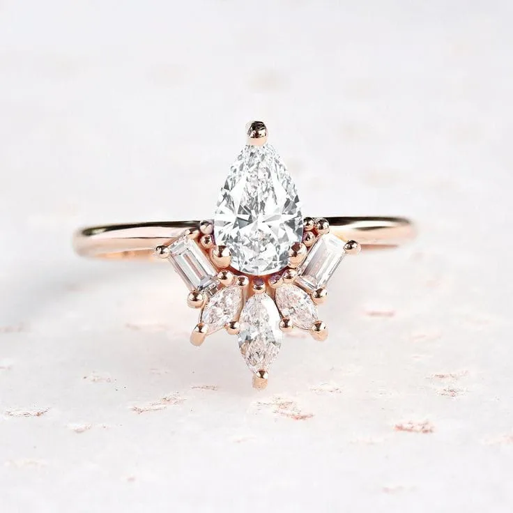 0.81 CT Pear Cut Lab Diamond Cluster Engagement Ring