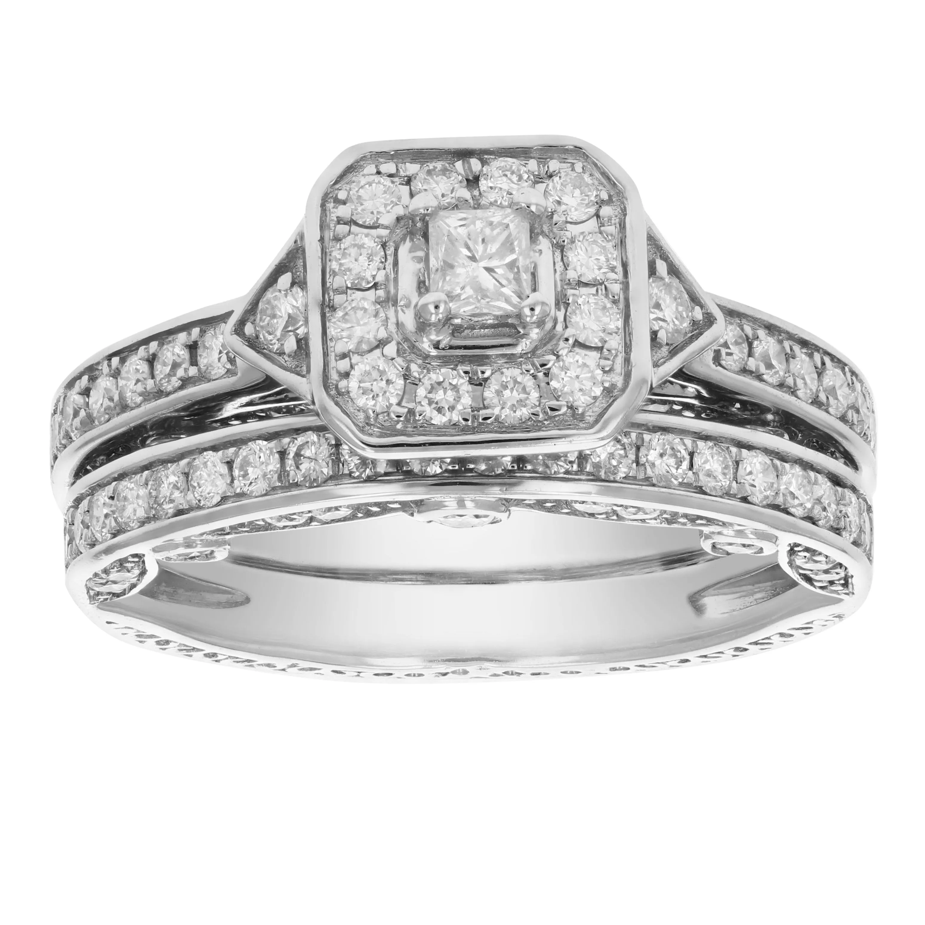 1 1/4 cttw Diamond Wedding Engagement Ring Bridal Set 14K White Gold Halo