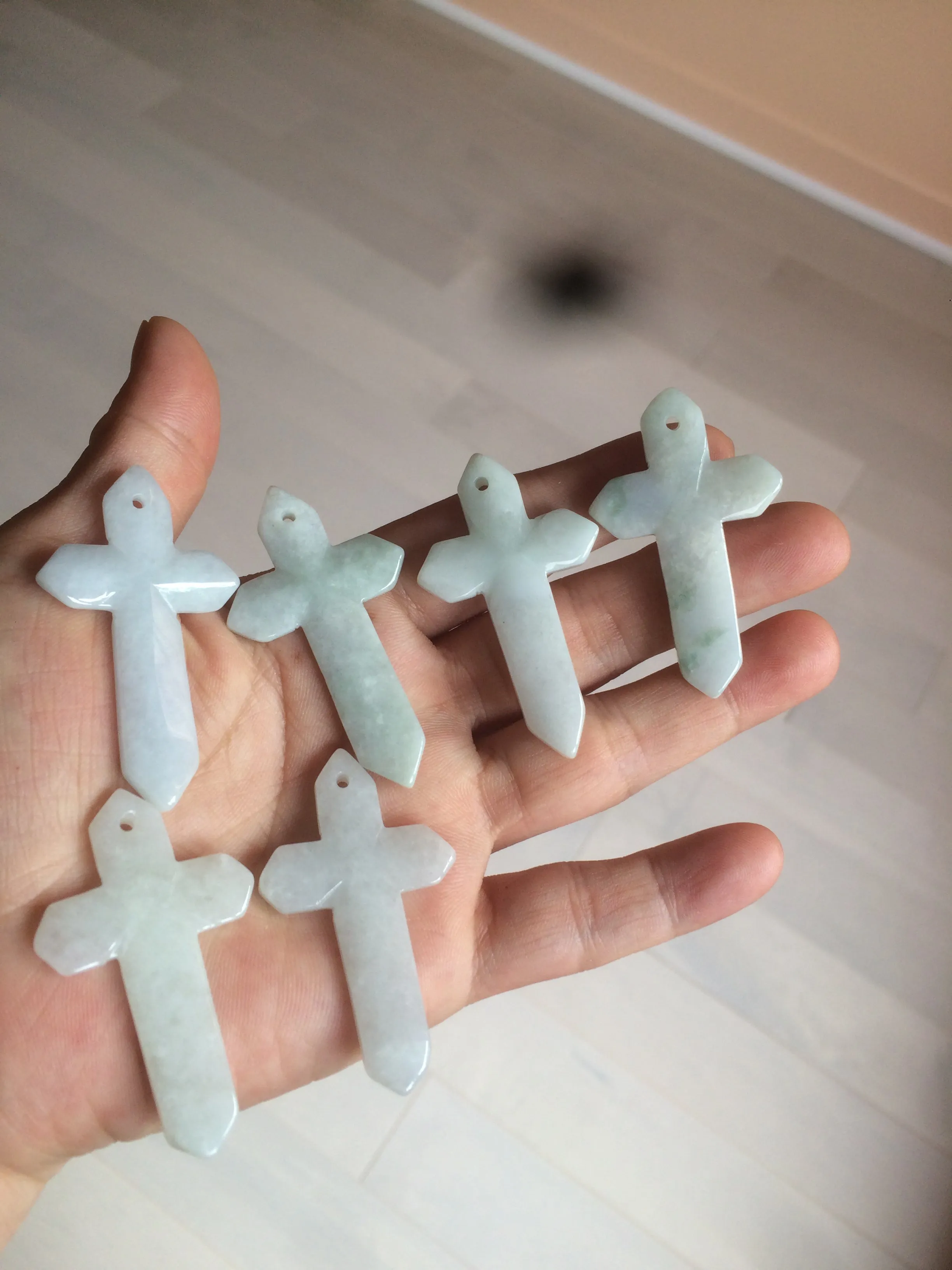 Premium Natural Type A Light Green-White-Gray Jadeite Jade Handheld Cross Pendant - Elegant Spiritual Jewelry AY55