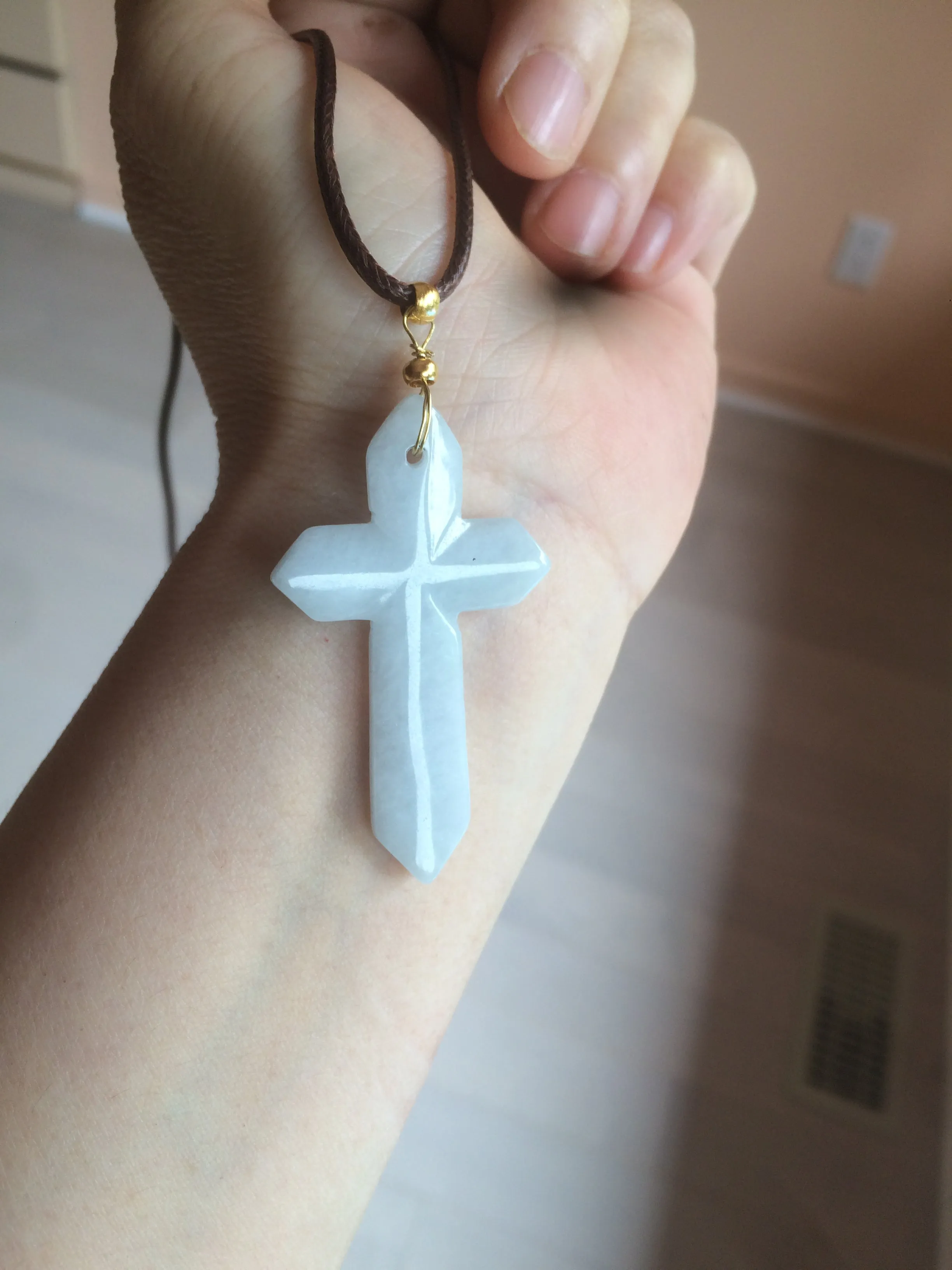 Premium Natural Type A Light Green-White-Gray Jadeite Jade Handheld Cross Pendant - Elegant Spiritual Jewelry AY55