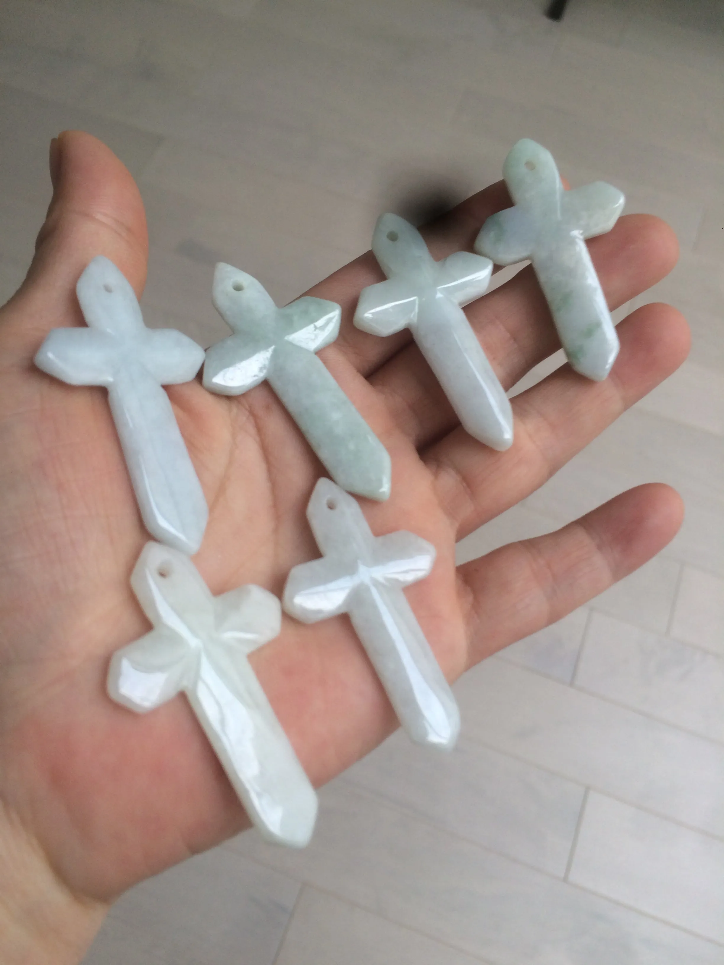 Premium Natural Type A Light Green-White-Gray Jadeite Jade Handheld Cross Pendant - Elegant Spiritual Jewelry AY55