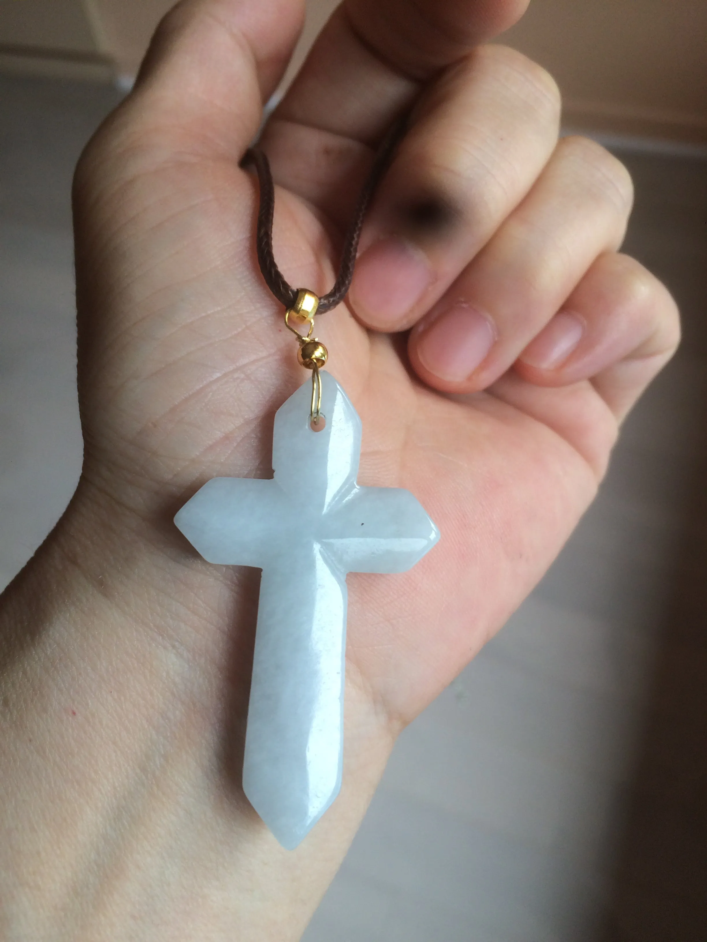 Premium Natural Type A Light Green-White-Gray Jadeite Jade Handheld Cross Pendant - Elegant Spiritual Jewelry AY55