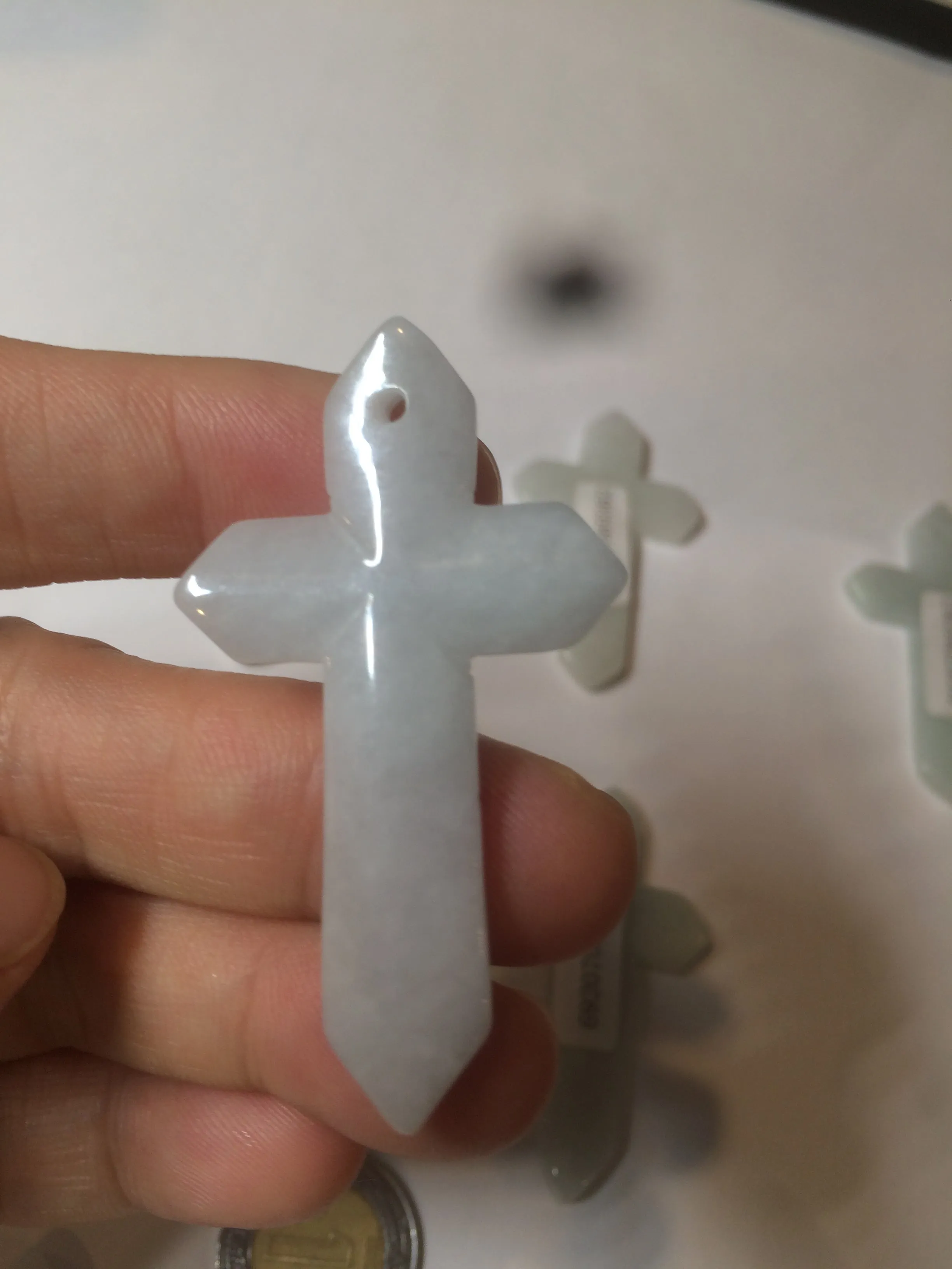 Premium Natural Type A Light Green-White-Gray Jadeite Jade Handheld Cross Pendant - Elegant Spiritual Jewelry AY55