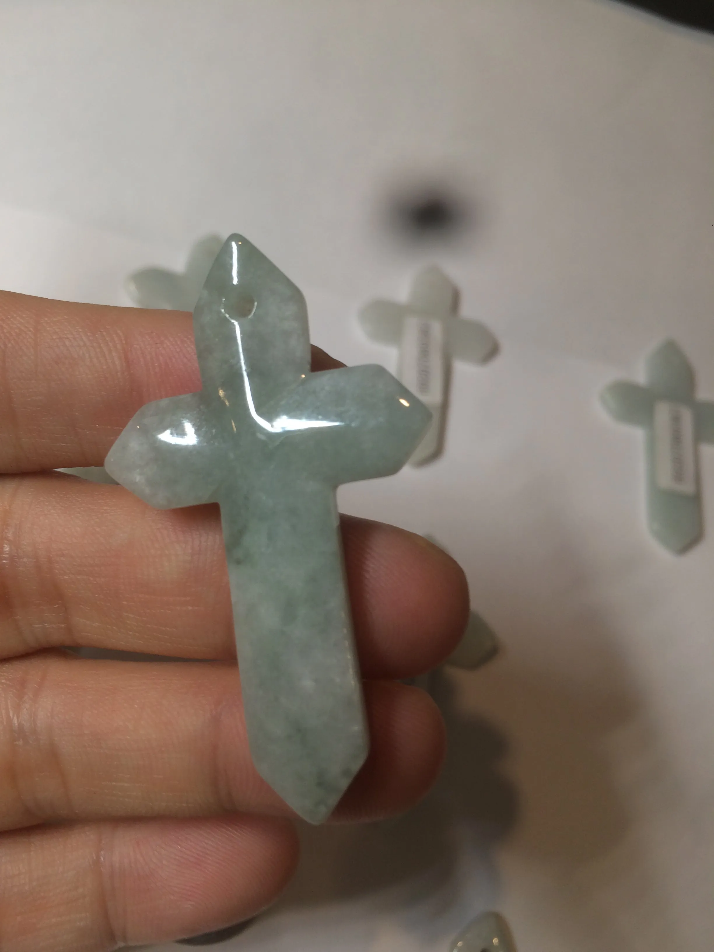 Premium Natural Type A Light Green-White-Gray Jadeite Jade Handheld Cross Pendant - Elegant Spiritual Jewelry AY55