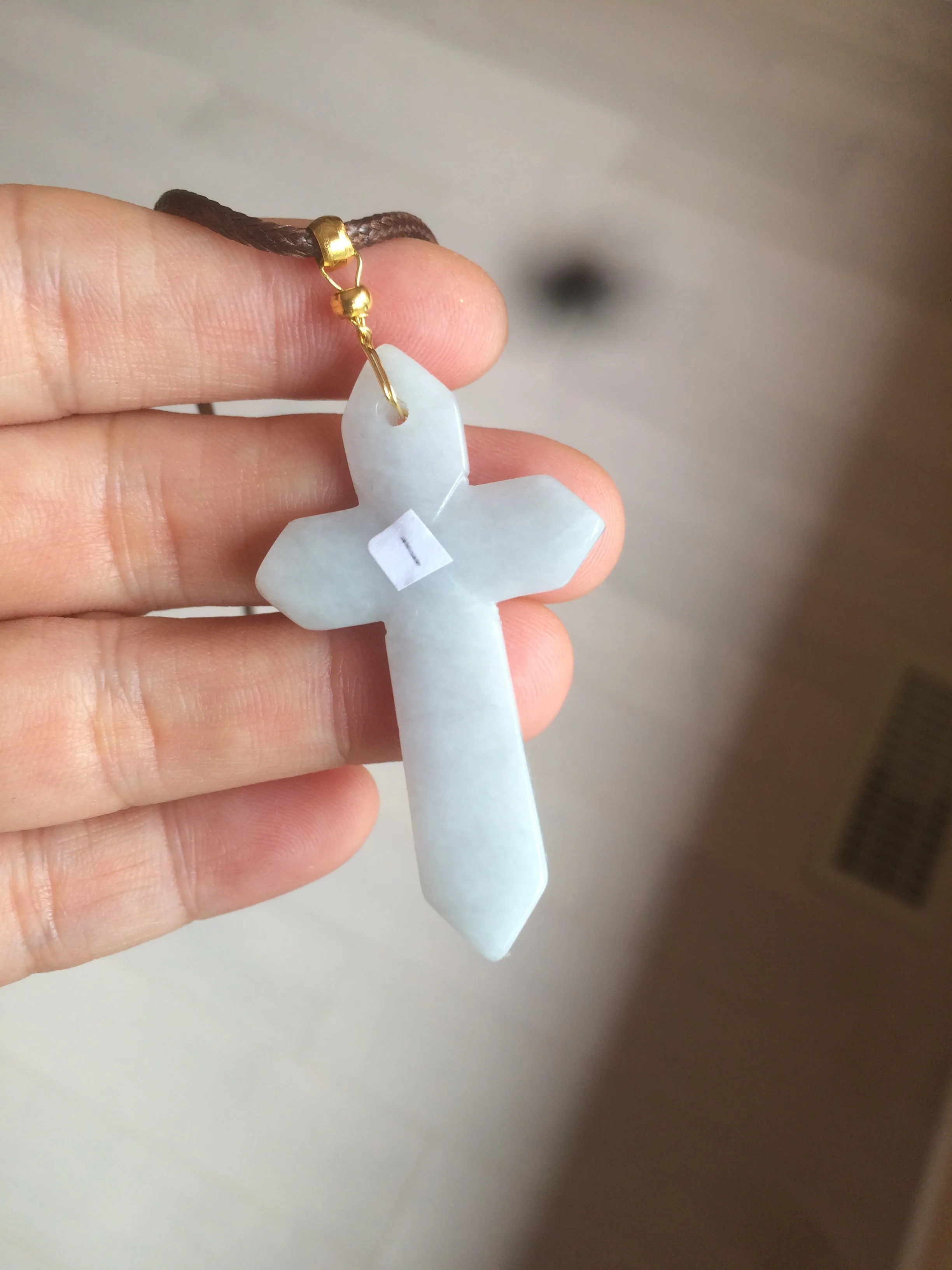 Premium Natural Type A Light Green-White-Gray Jadeite Jade Handheld Cross Pendant - Elegant Spiritual Jewelry AY55