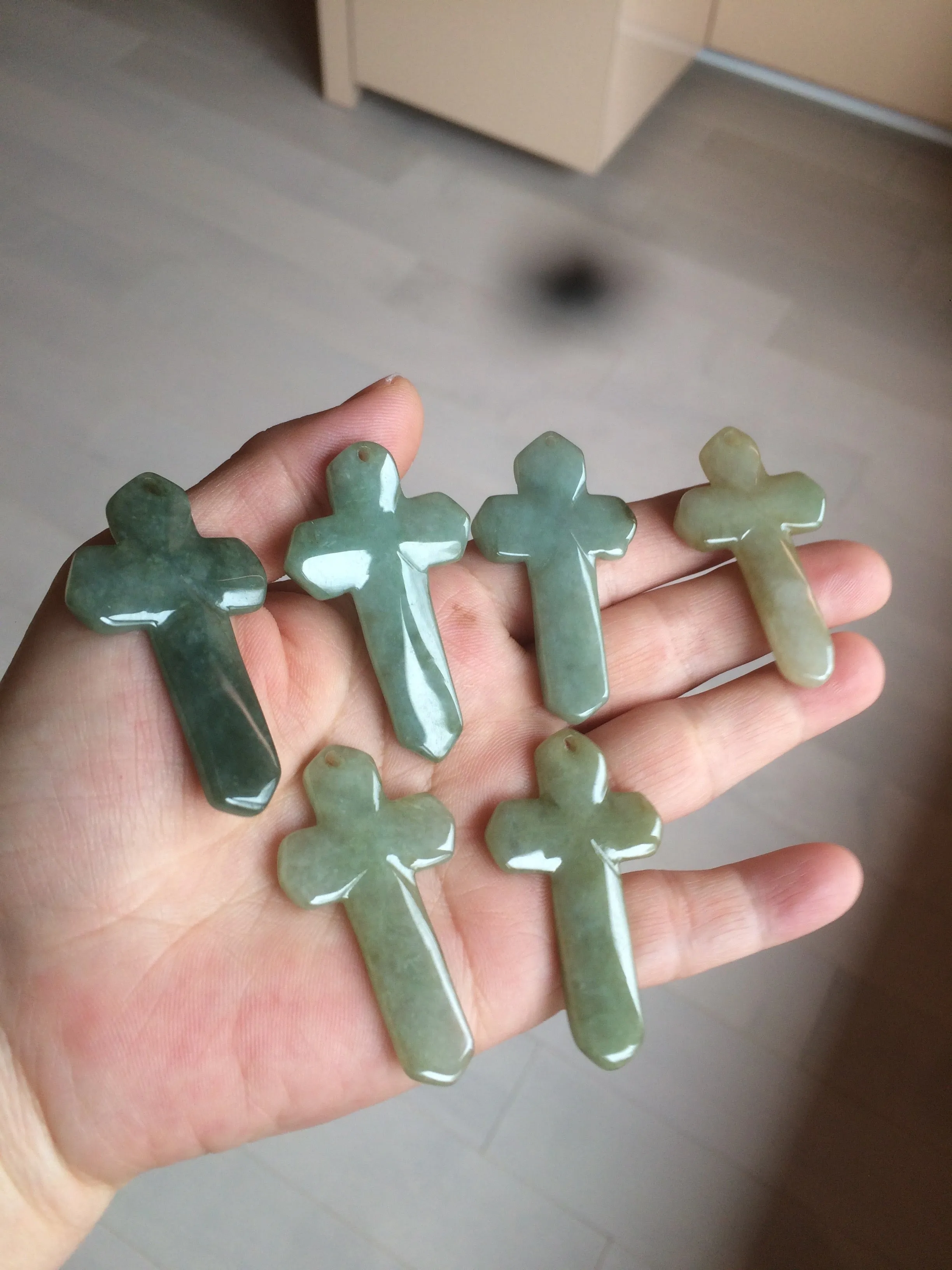 Premium Natural Type A Light Green-White-Gray Jadeite Jade Handheld Cross Pendant - Elegant Spiritual Jewelry AY55