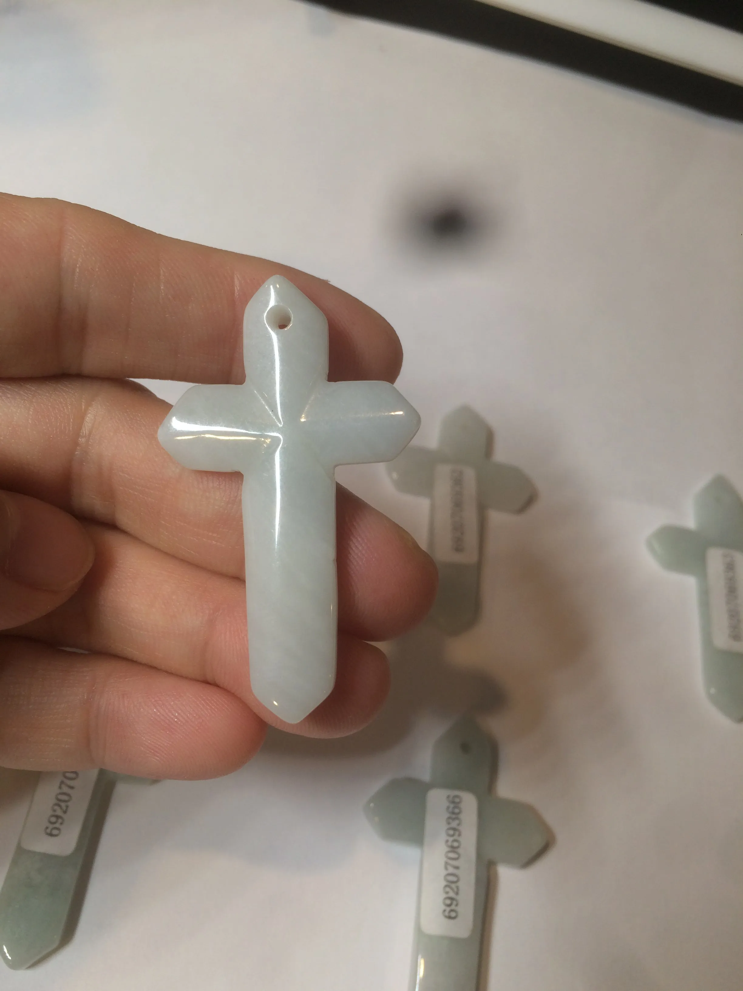 Premium Natural Type A Light Green-White-Gray Jadeite Jade Handheld Cross Pendant - Elegant Spiritual Jewelry AY55