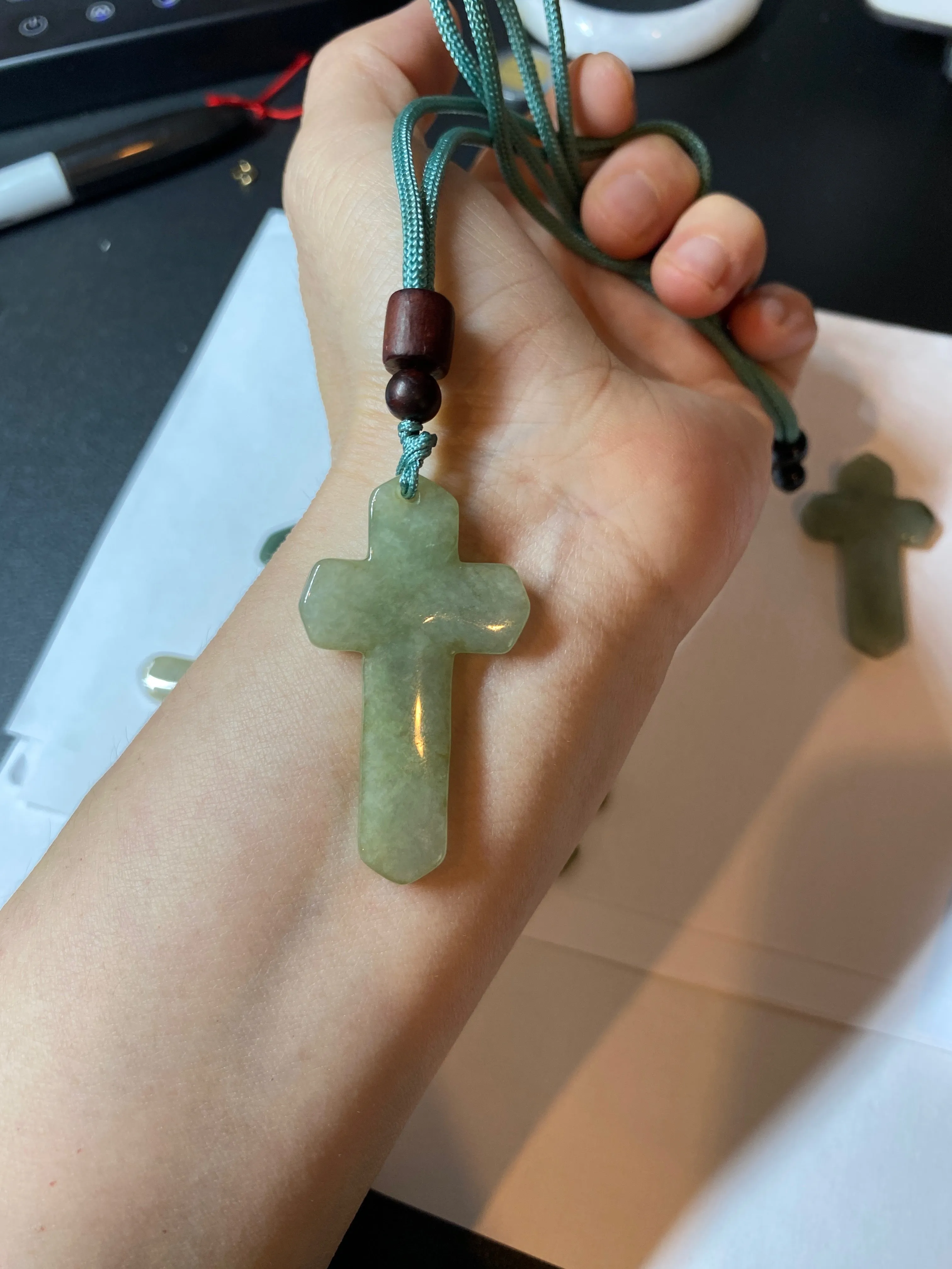 Premium Natural Type A Light Green-White-Gray Jadeite Jade Handheld Cross Pendant - Elegant Spiritual Jewelry AY55