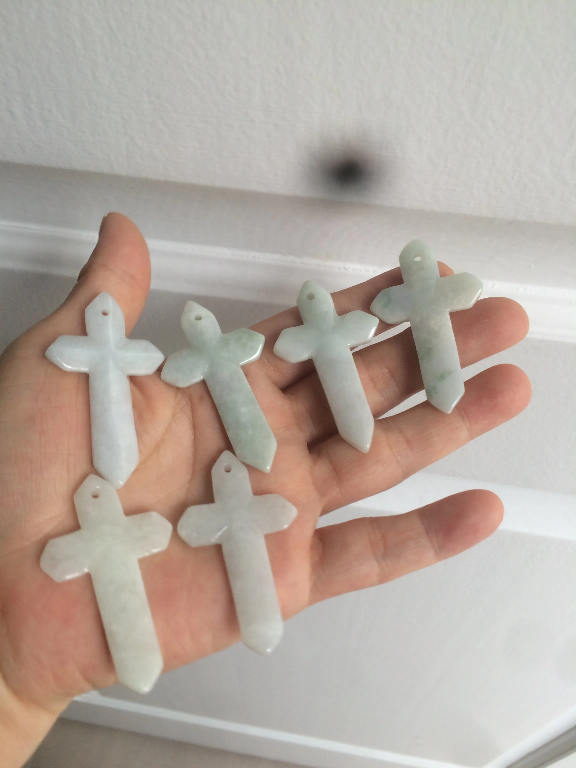 Premium Natural Type A Light Green-White-Gray Jadeite Jade Handheld Cross Pendant - Elegant Spiritual Jewelry AY55