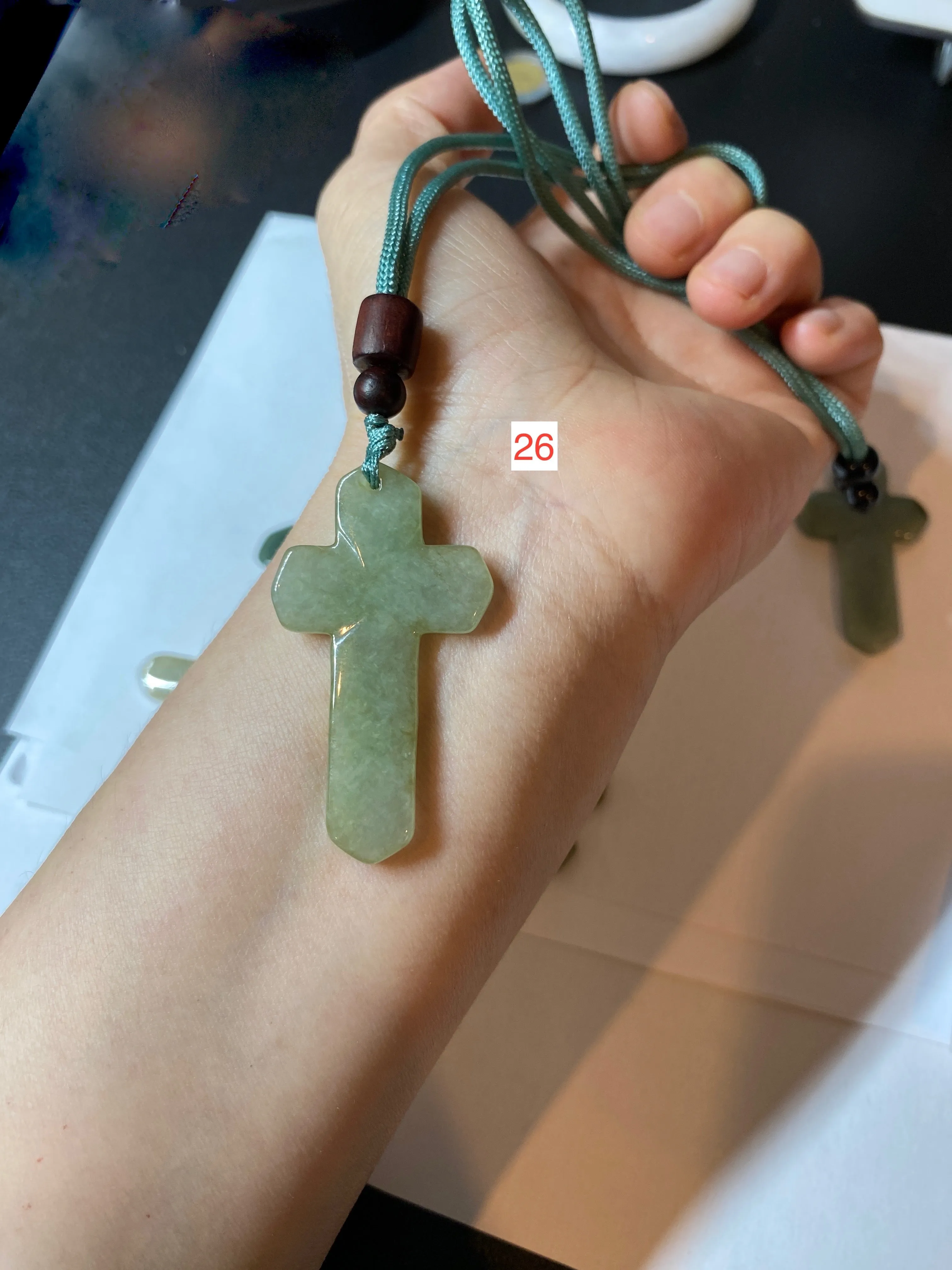 Premium Natural Type A Light Green-White-Gray Jadeite Jade Handheld Cross Pendant - Elegant Spiritual Jewelry AY55