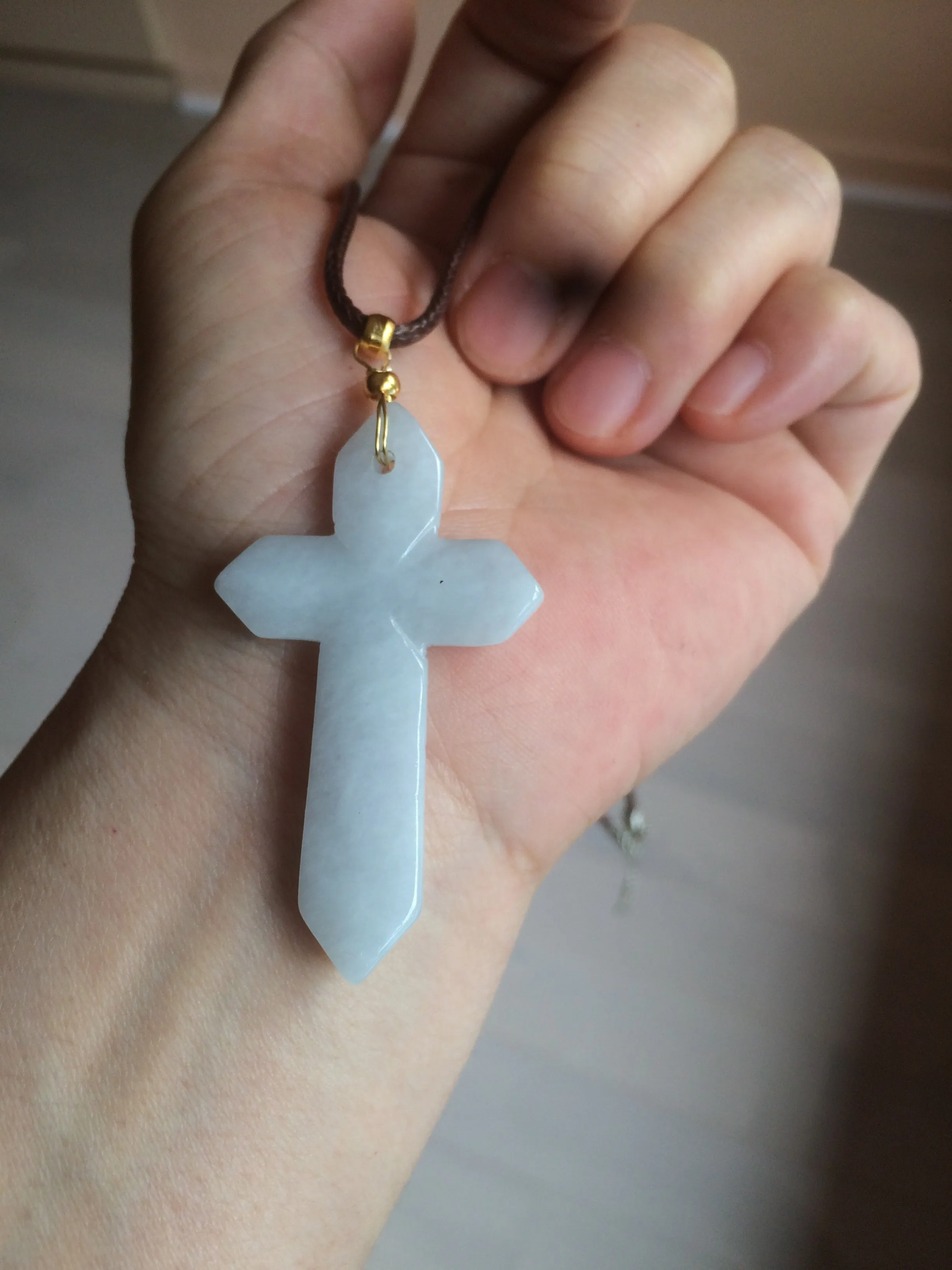 Premium Natural Type A Light Green-White-Gray Jadeite Jade Handheld Cross Pendant - Elegant Spiritual Jewelry AY55