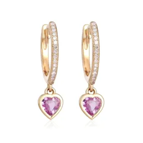 14K Gold and Diamond Pink Sapphire Heart Drop Hoops Earrings