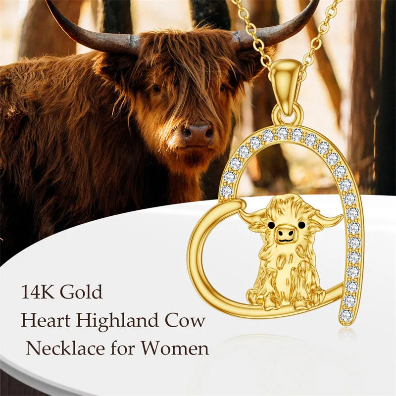 14K Gold Highland Cow Necklace for Women Solid Gold Heart Pendant Necklace Anniversary Birthday Gifts for Her