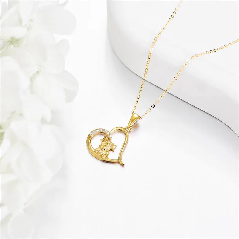 14K Gold Highland Cow Necklace for Women Solid Gold Heart Pendant Necklace Anniversary Birthday Gifts for Her