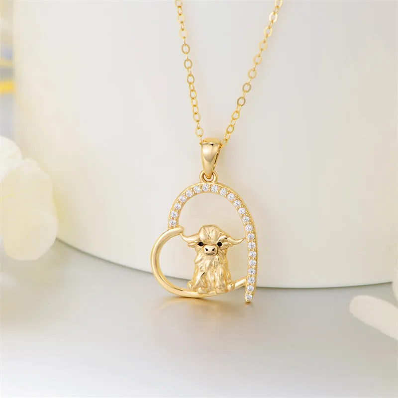 14K Gold Highland Cow Necklace for Women Solid Gold Heart Pendant Necklace Anniversary Birthday Gifts for Her