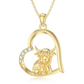 14K Gold Highland Cow Necklace for Women Solid Gold Heart Pendant Necklace Anniversary Birthday Gifts for Her