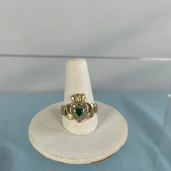 14kt Gold Claddagh Ring with Diamond and Emerald Accents