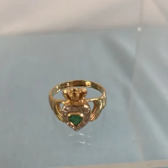 14kt Gold Claddagh Ring with Diamond and Emerald Accents