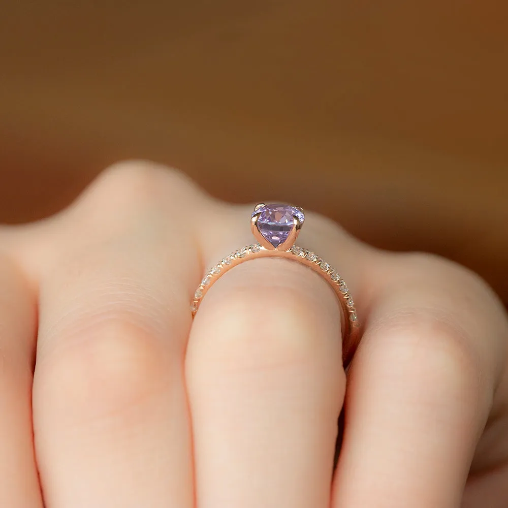 1.76ct Light Purple Oval Sapphire Solitaire with French Set Diamonds In Rose Gold