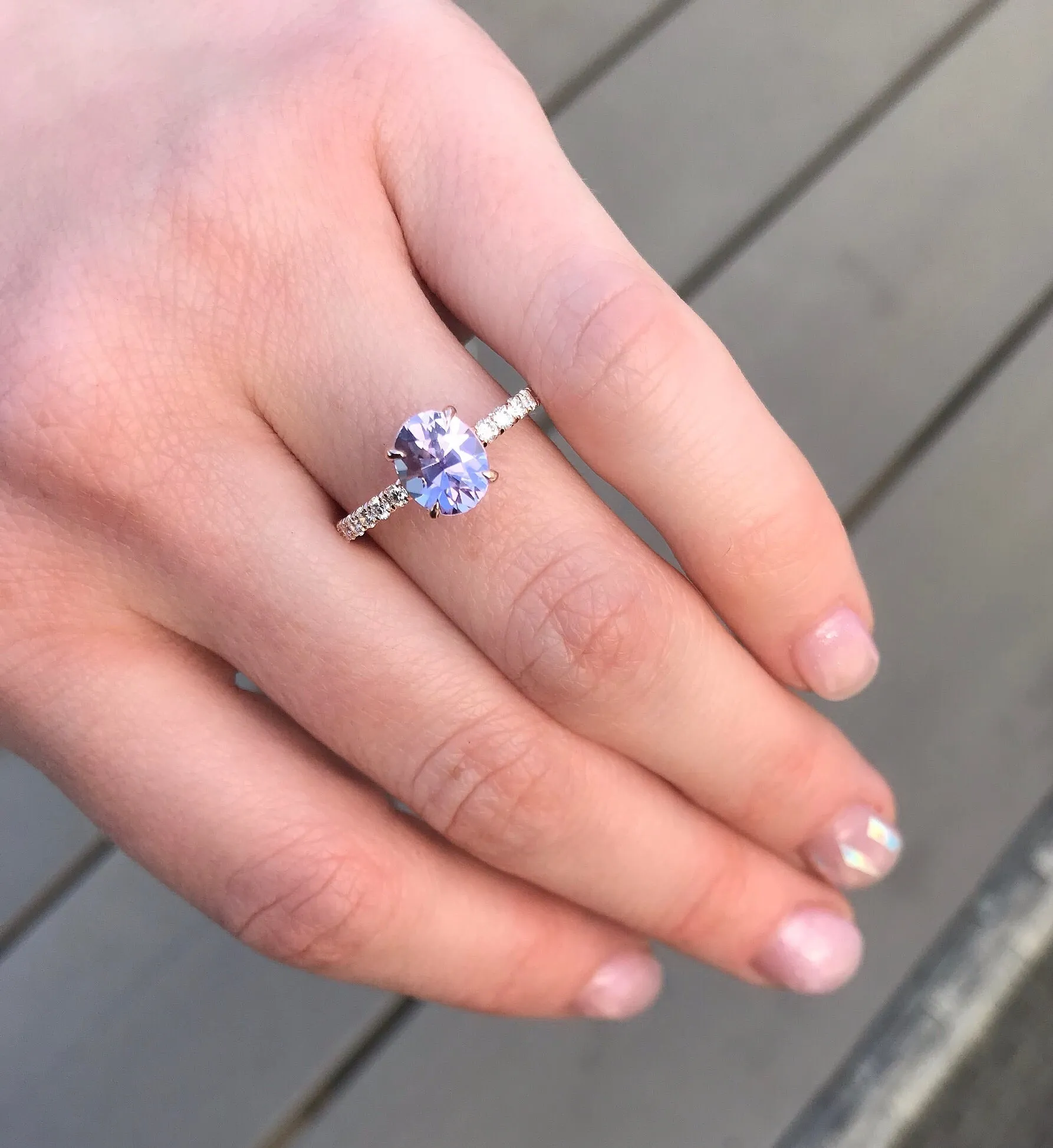 1.76ct Light Purple Oval Sapphire Solitaire with French Set Diamonds In Rose Gold