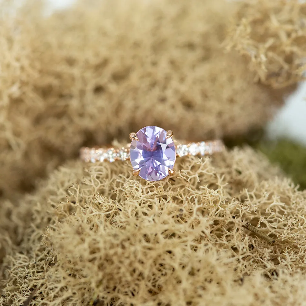 1.76ct Light Purple Oval Sapphire Solitaire with French Set Diamonds In Rose Gold