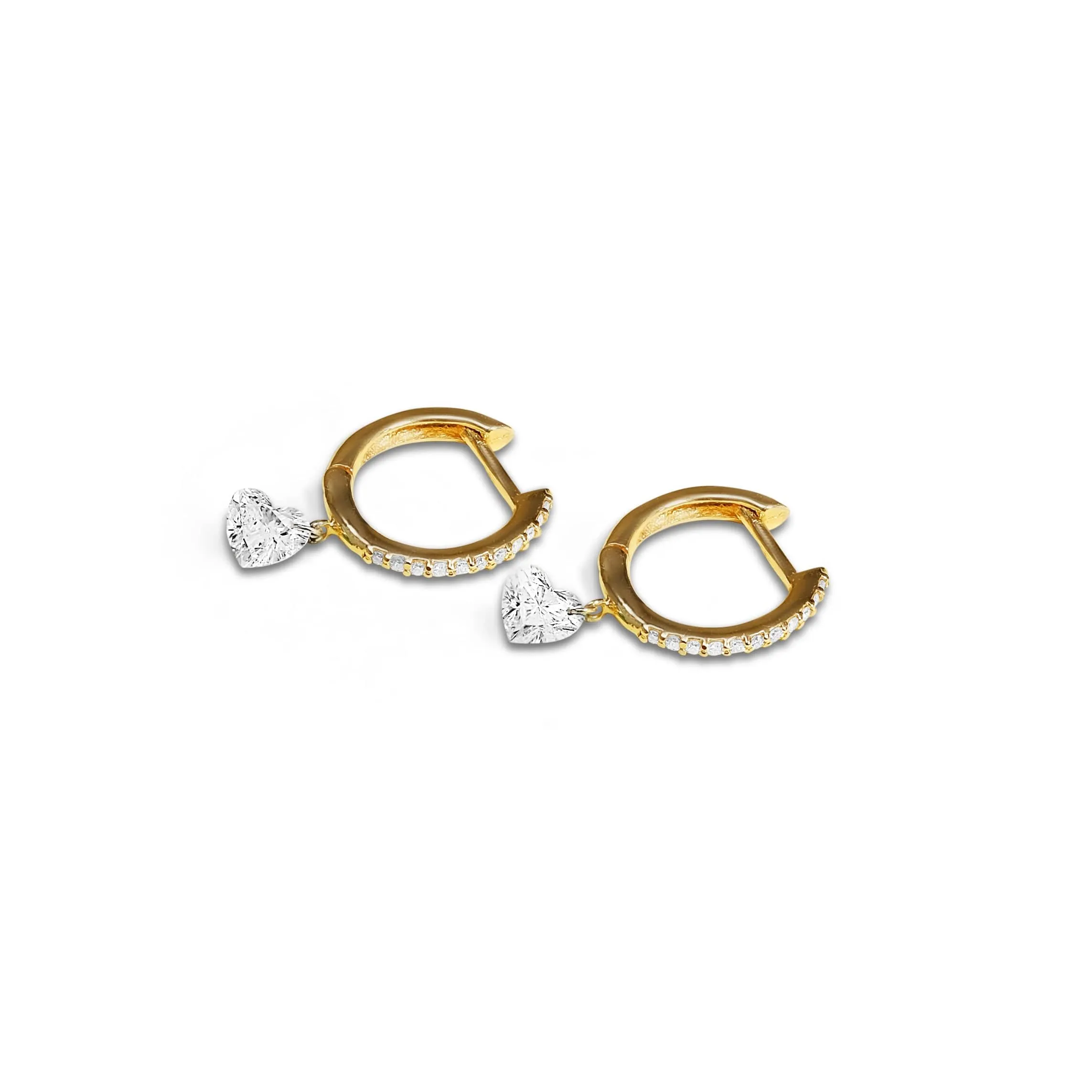 18K Gold Drilled Heart Diamond and Pave Diamond Huggie Hoops Earrings