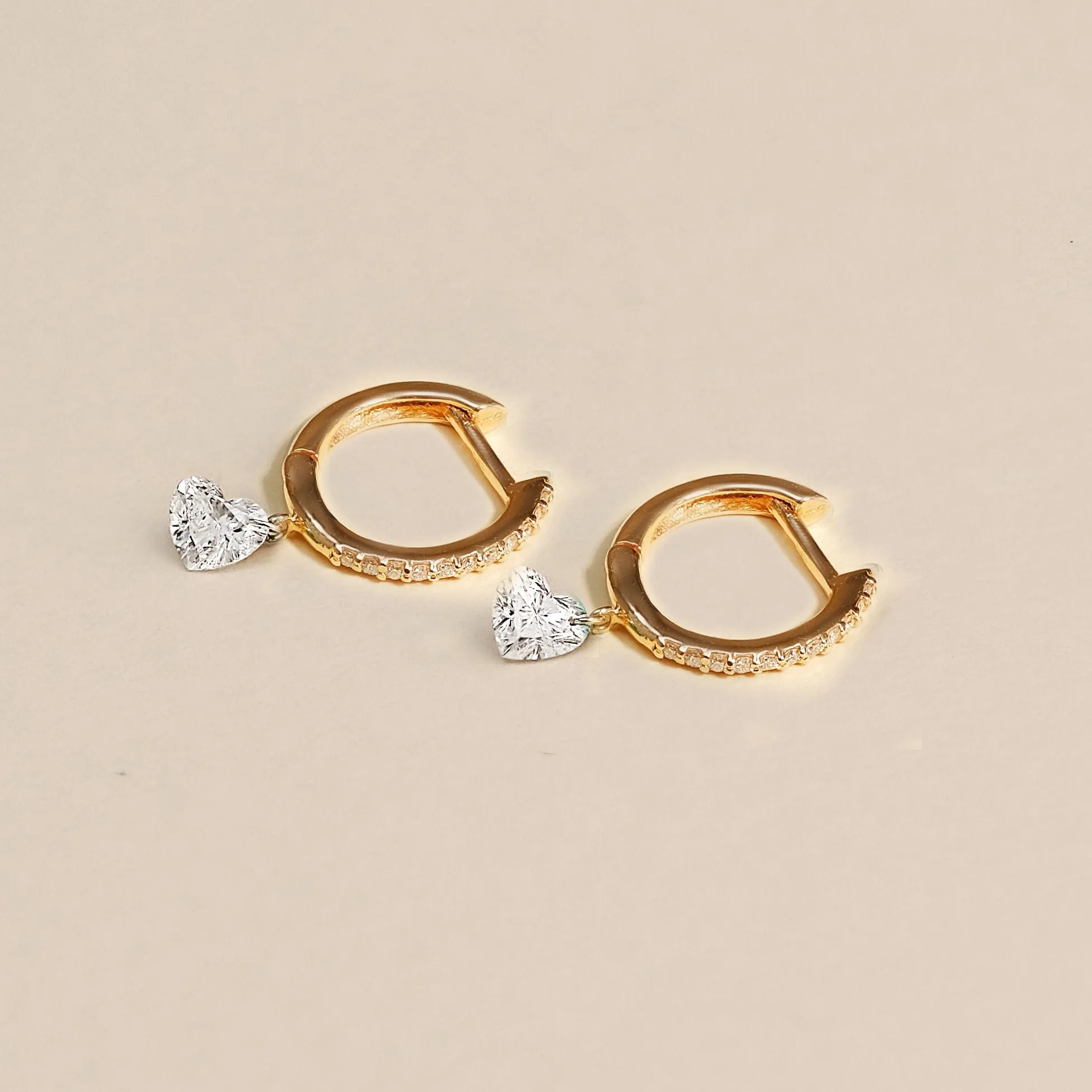 18K Gold Drilled Heart Diamond and Pave Diamond Huggie Hoops Earrings