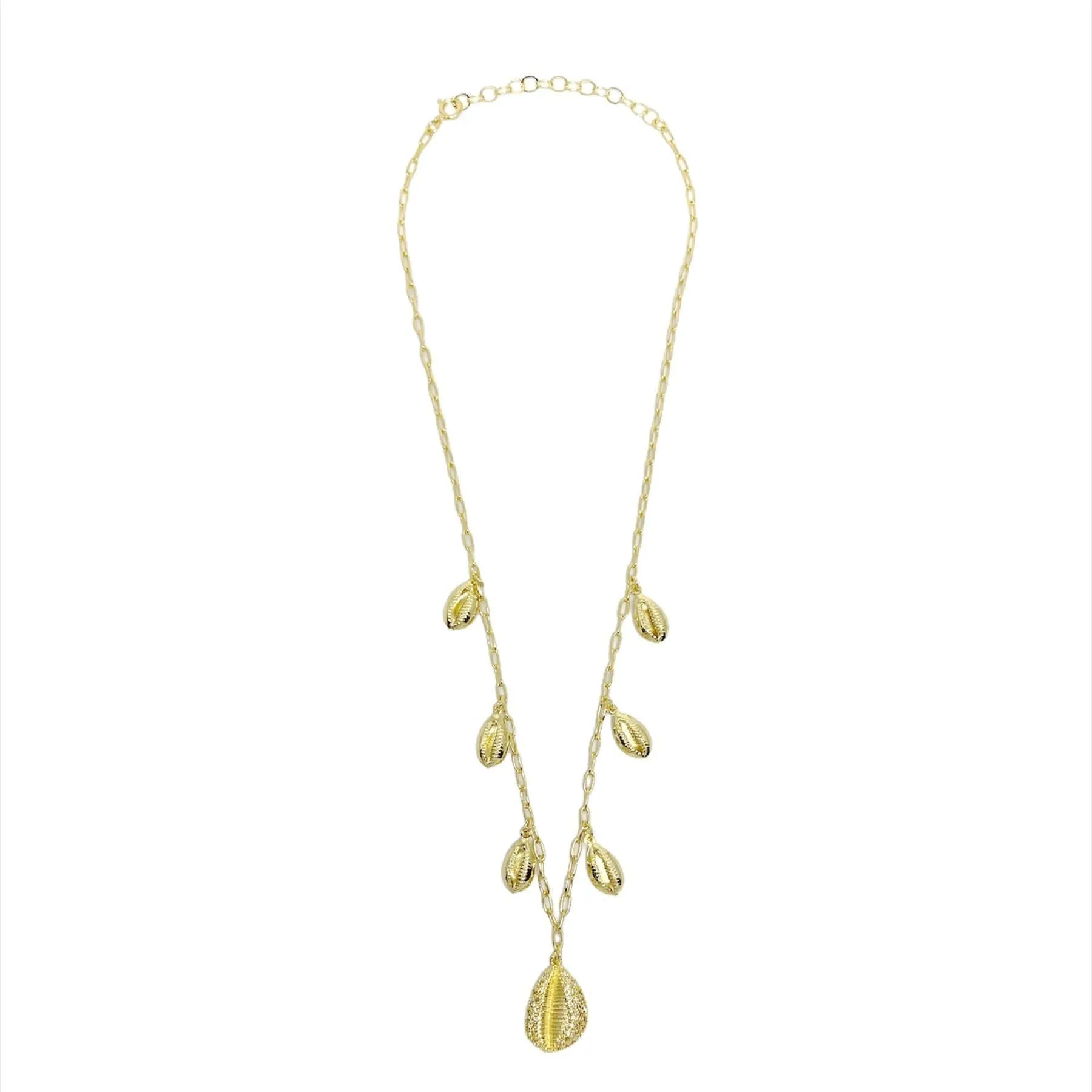 18k Gold Filled Cowrie Shell Necklace Featuring Cowrie Pendant and Charms