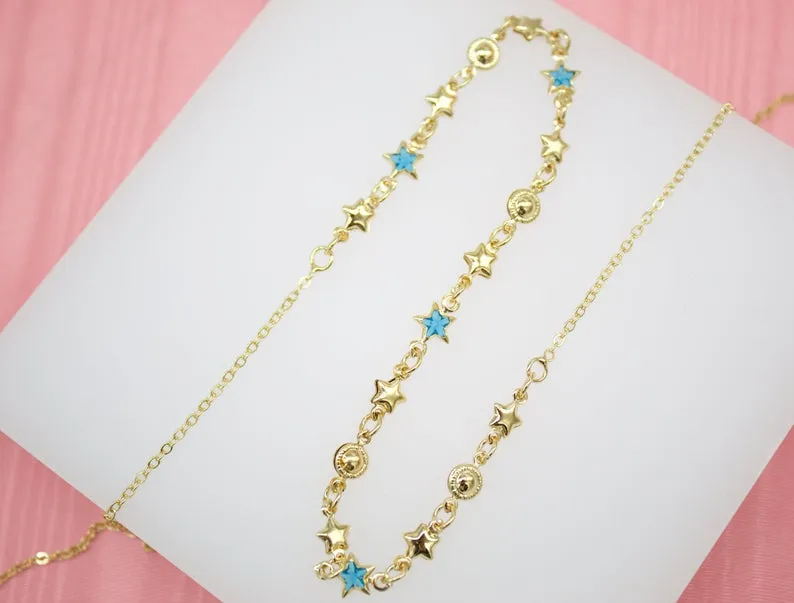 18K Gold Filled Star Charms Layering Necklace With Blue Star CZ Stones