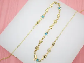 18K Gold Filled Star Charms Layering Necklace With Blue Star CZ Stones