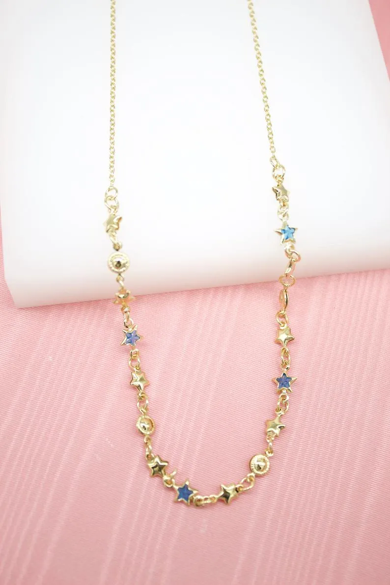 18K Gold Filled Star Charms Layering Necklace With Blue Star CZ Stones