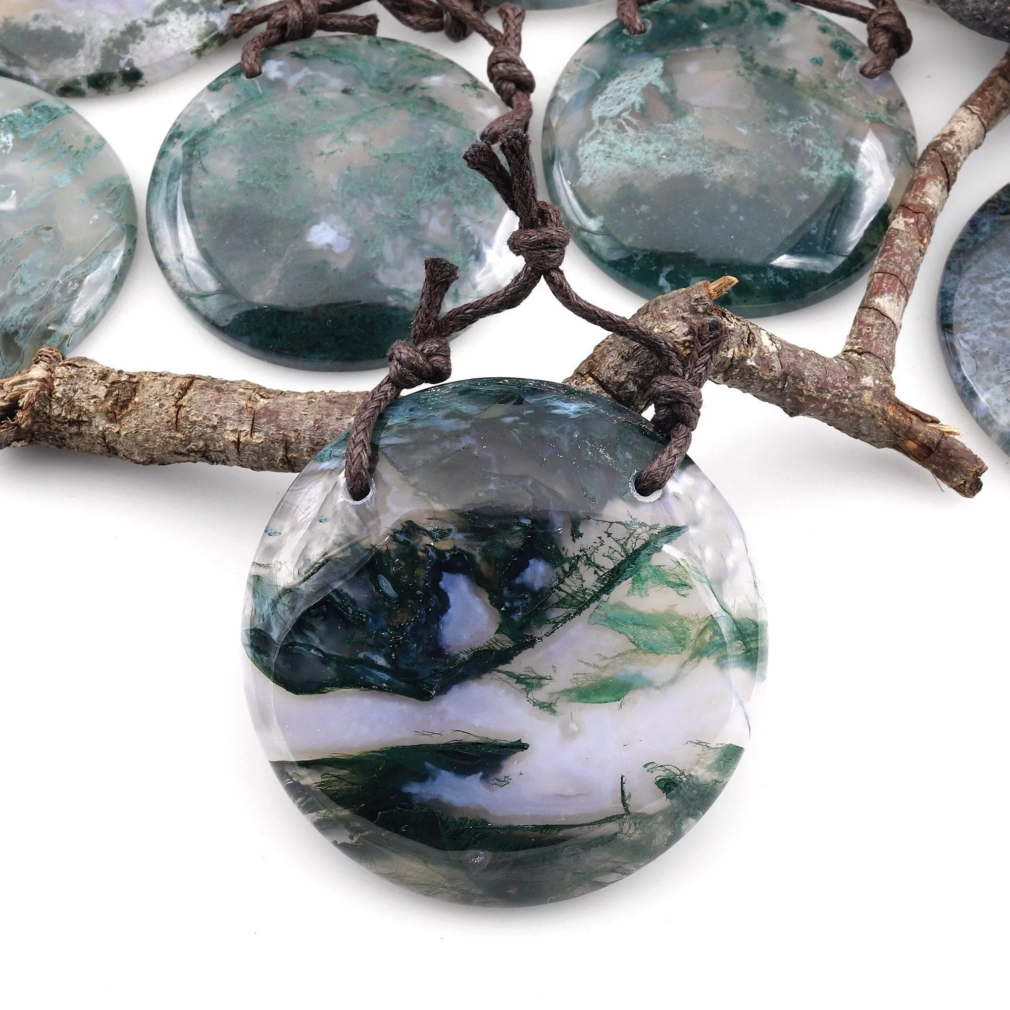 2 Hole Pendant Large Natural Green Moss Agate Circular Round Pendant Gemstone Focal Bead A7