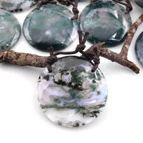 2 Hole Pendant Large Natural Green Moss Agate Circular Round Pendant Gemstone Focal Bead A9