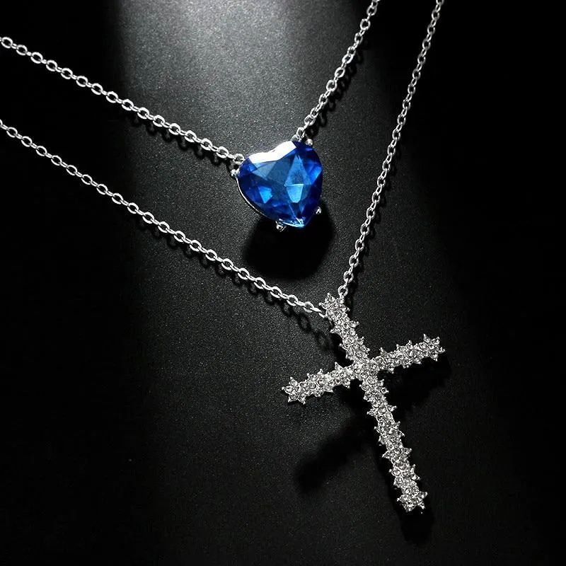 2-Layer Silver Chain Necklace with Sapphire Gem and Cubic Zirconia Cross