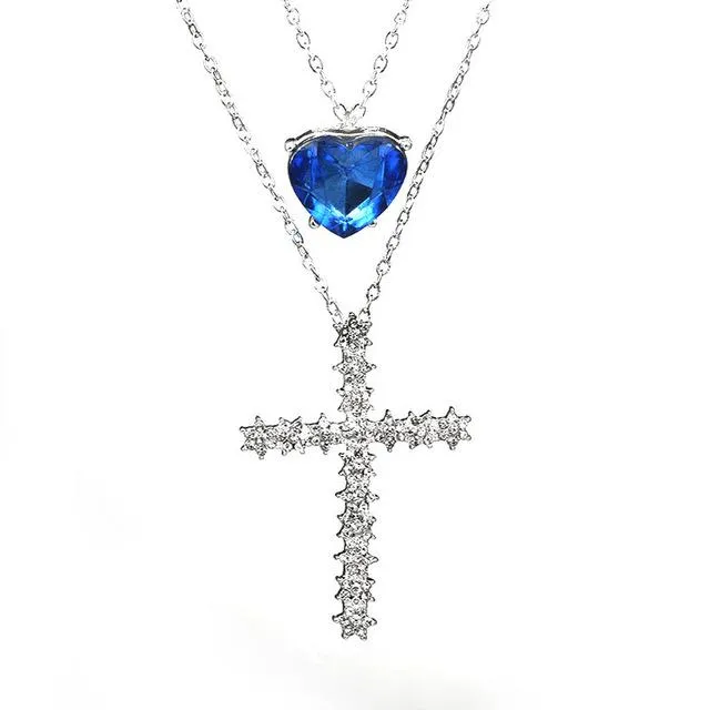 2-Layer Silver Chain Necklace with Sapphire Gem and Cubic Zirconia Cross