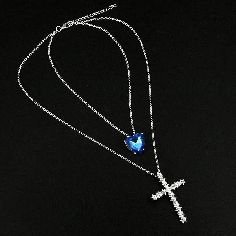 2-Layer Silver Chain Necklace with Sapphire Gem and Cubic Zirconia Cross