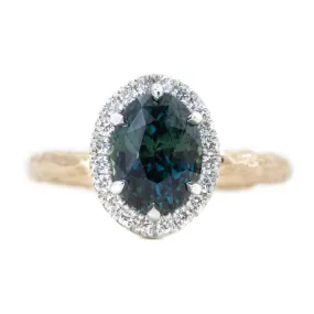 3.07ct Oval Deep Teal Green Blue Madagascar Sapphire Low Profile Six Prong Halo in Platinum and 14k Yellow Gold