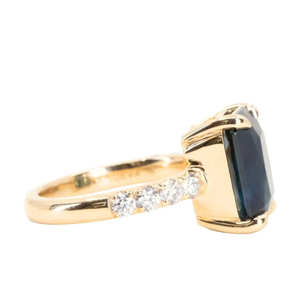 6.12ct Deep Teal Blue Madagascar Radiant Cut Sapphire Solitaire Ring with French Set Diamonds in 18k Yellow Gold