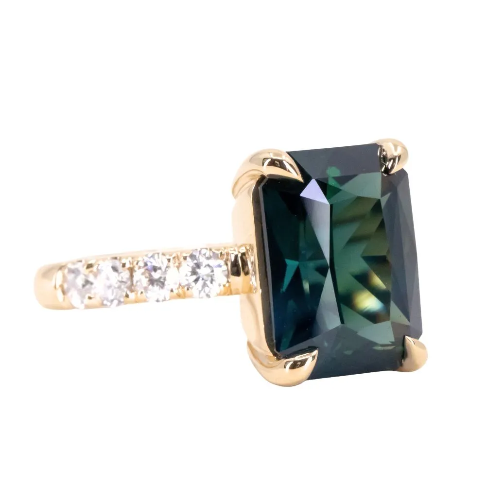 6.12ct Deep Teal Blue Madagascar Radiant Cut Sapphire Solitaire Ring with French Set Diamonds in 18k Yellow Gold