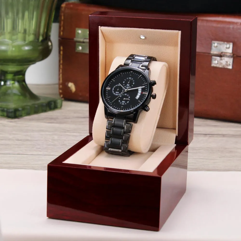 Adventures Together Last a Lifetime Outdoorsman Engraved Design Black Chronograph Watch