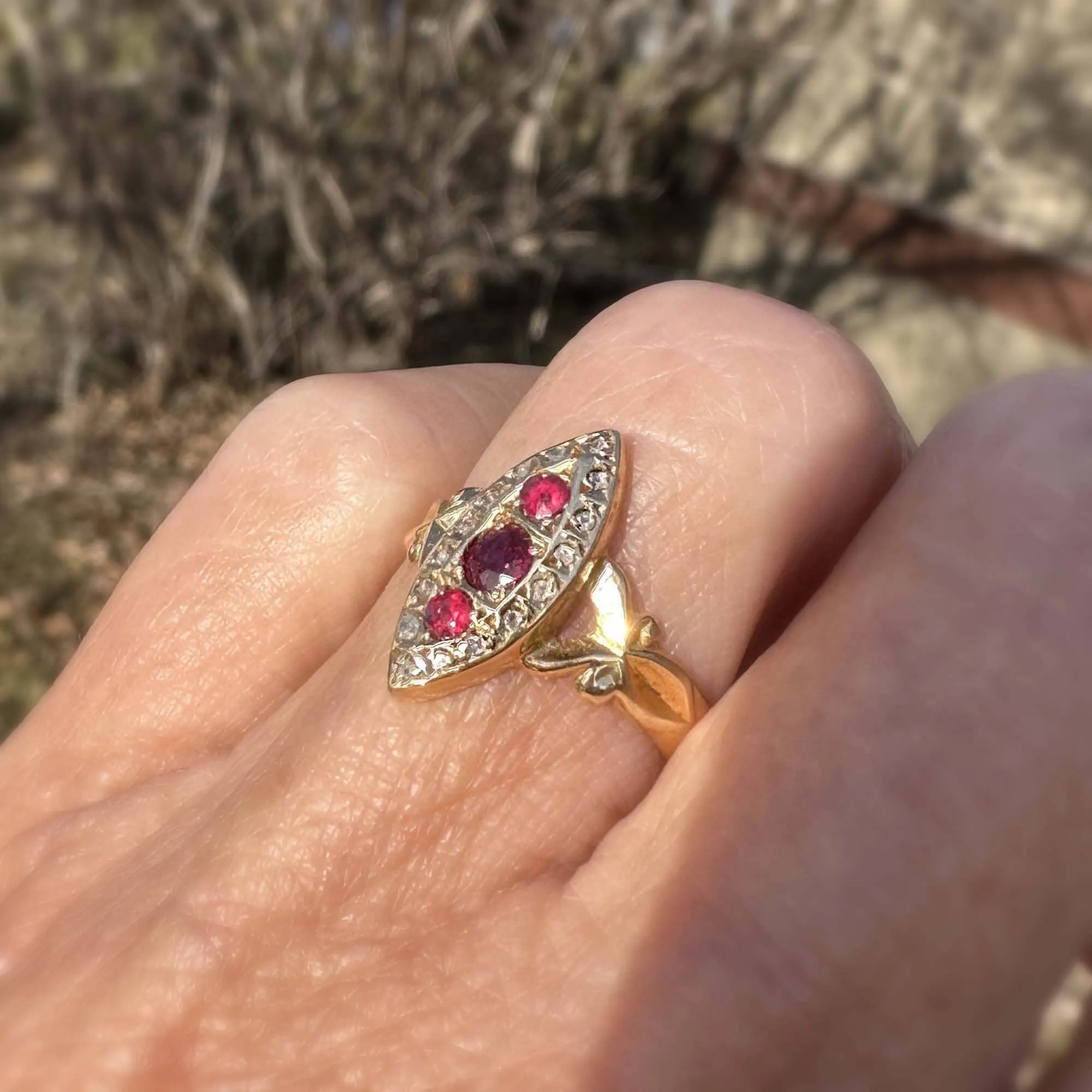 Antique 18K Gold Navette Rose Cut Diamond Garnet Ring