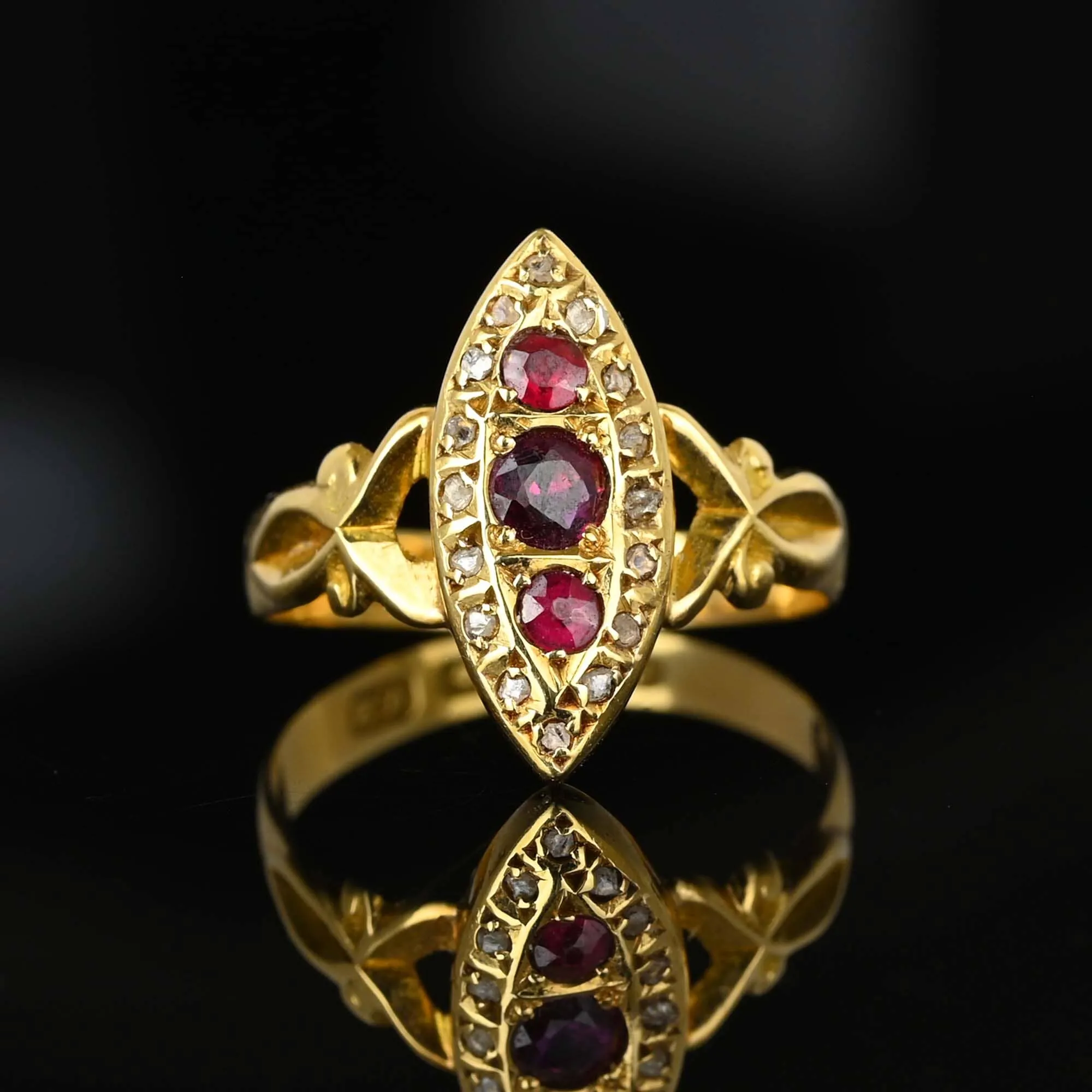 Antique 18K Gold Navette Rose Cut Diamond Garnet Ring