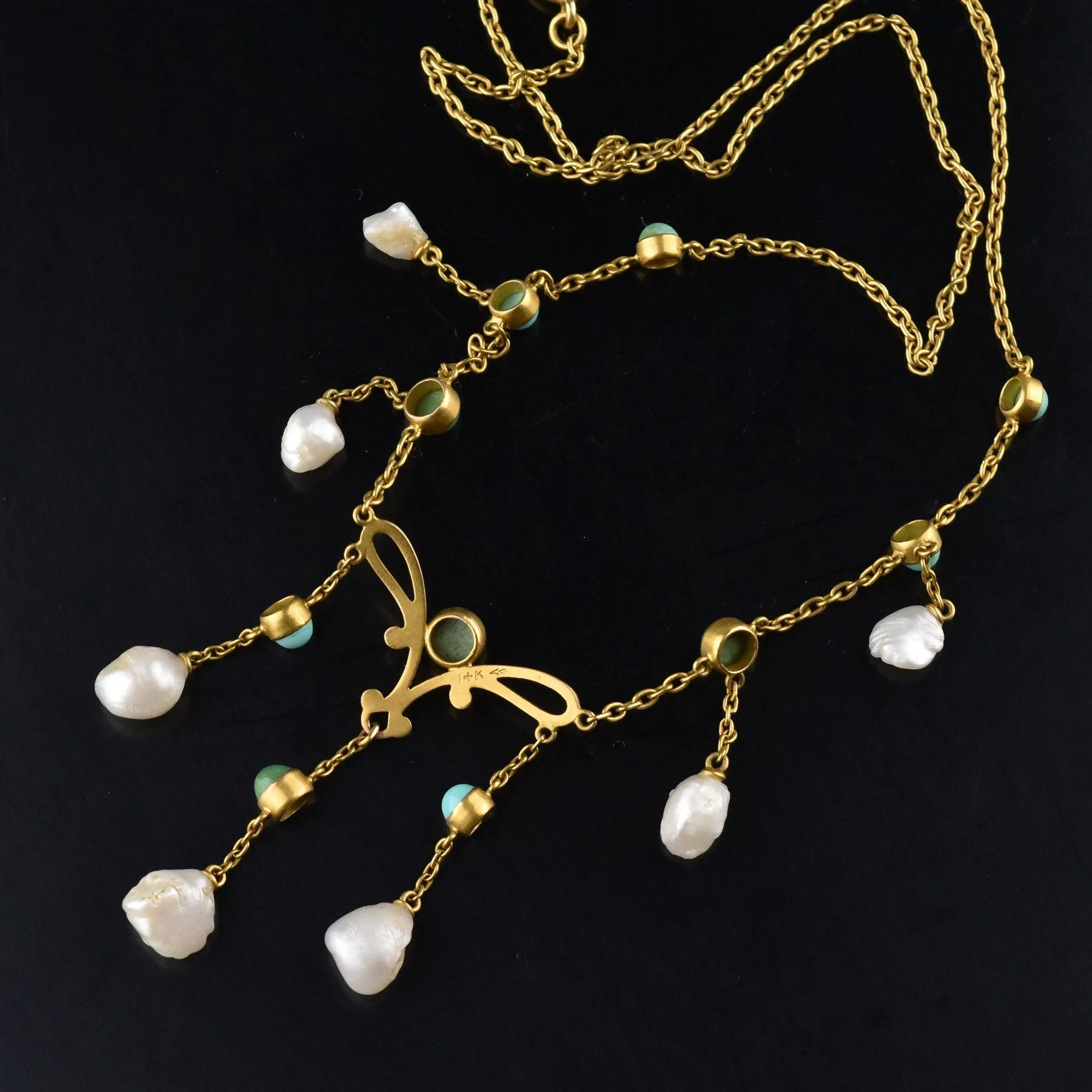 Art Nouveau 14K Gold Turquoise Natural Pearl Necklace