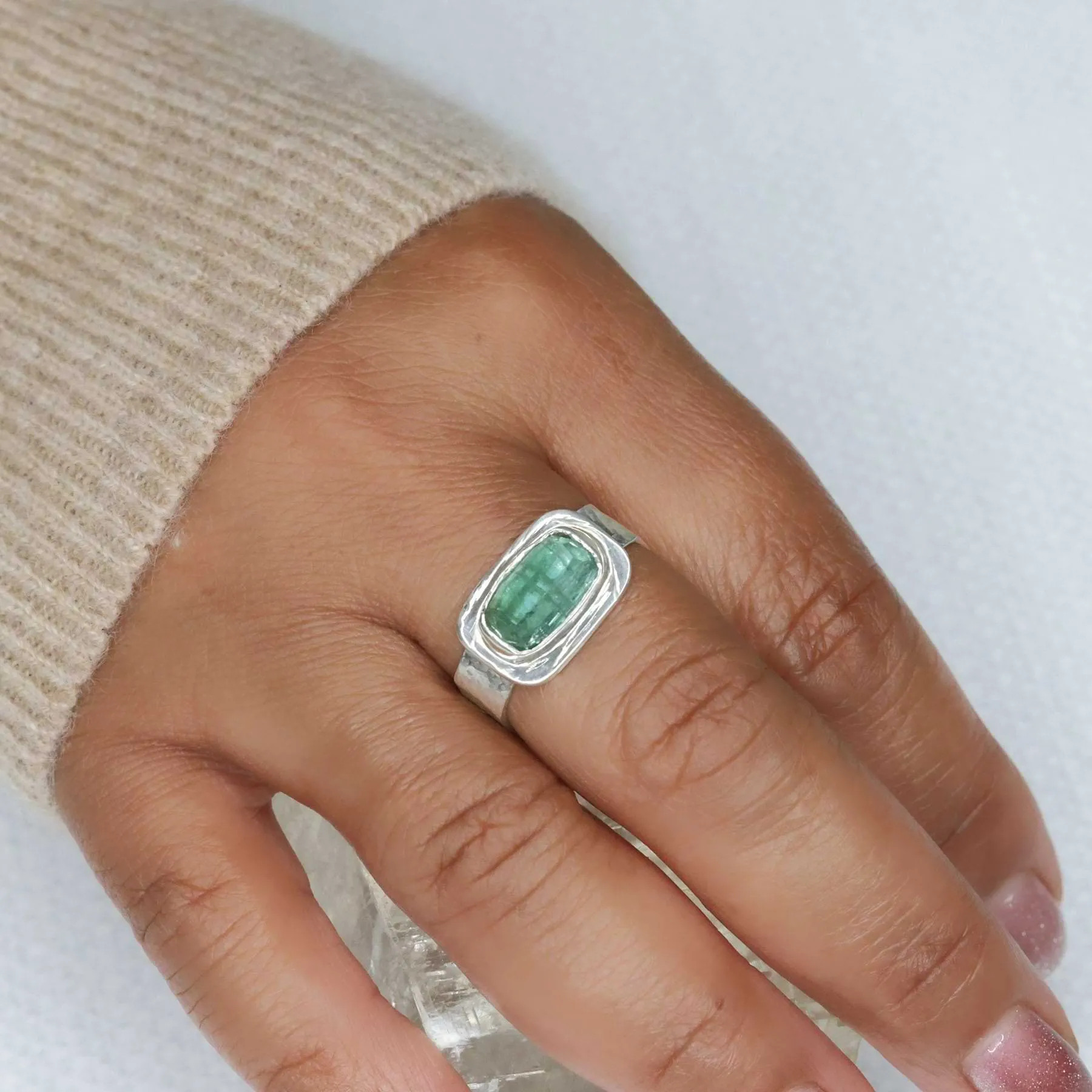 Be Square - Green Tourmaline Hammered Silver Ring