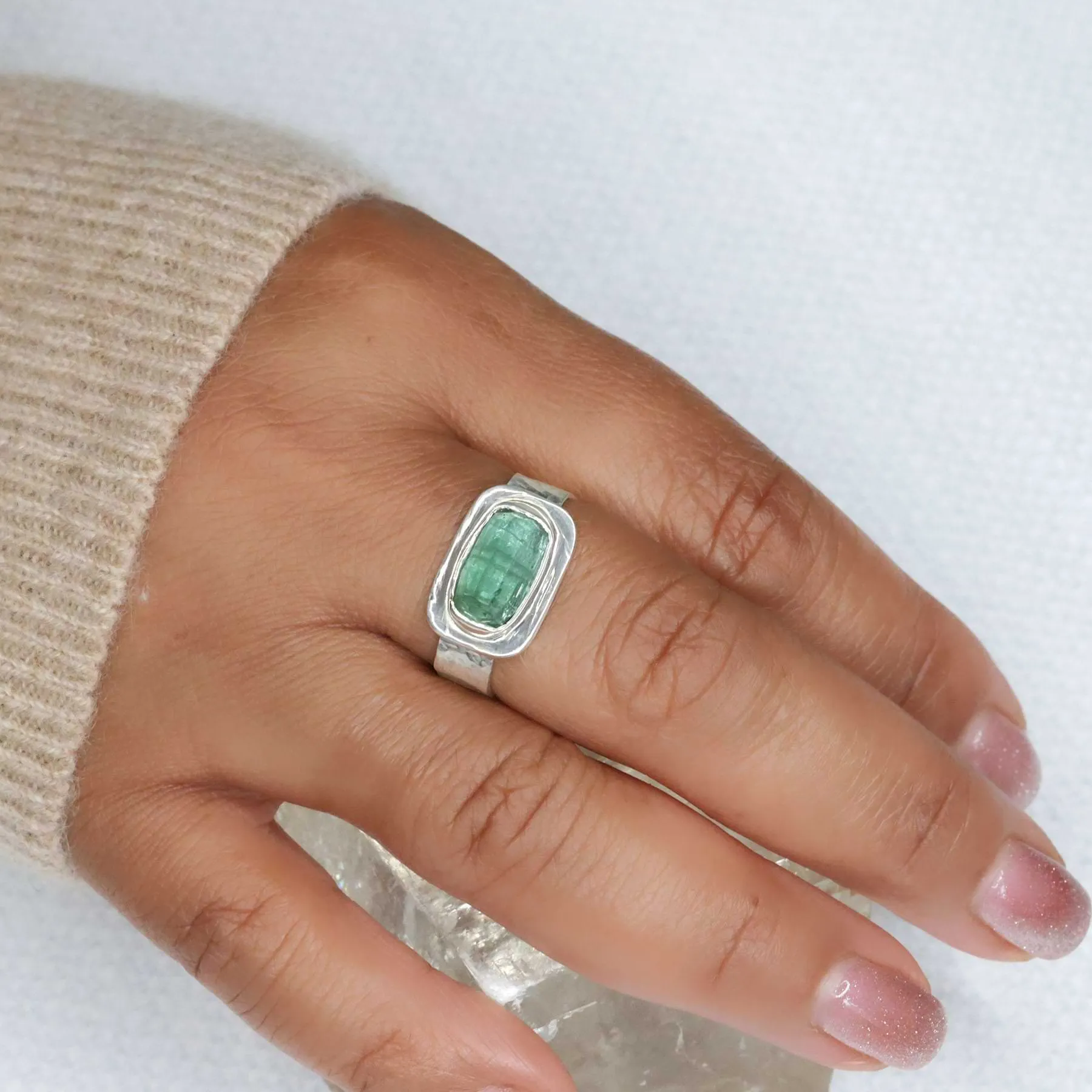 Be Square - Green Tourmaline Hammered Silver Ring