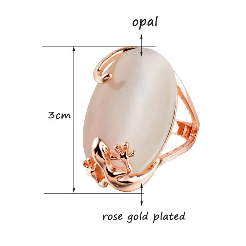 Big Oval Rose Gold Opalite Ring With Gecko Wrapped Around Stone