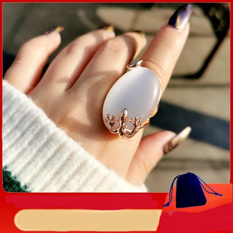 Big Oval Rose Gold Opalite Ring With Gecko Wrapped Around Stone