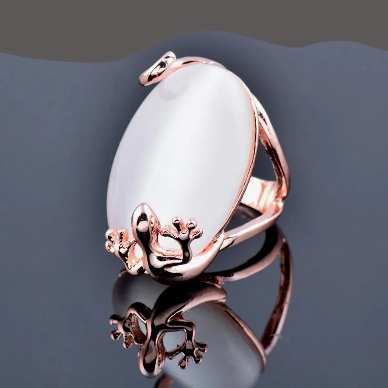 Big Oval Rose Gold Opalite Ring With Gecko Wrapped Around Stone