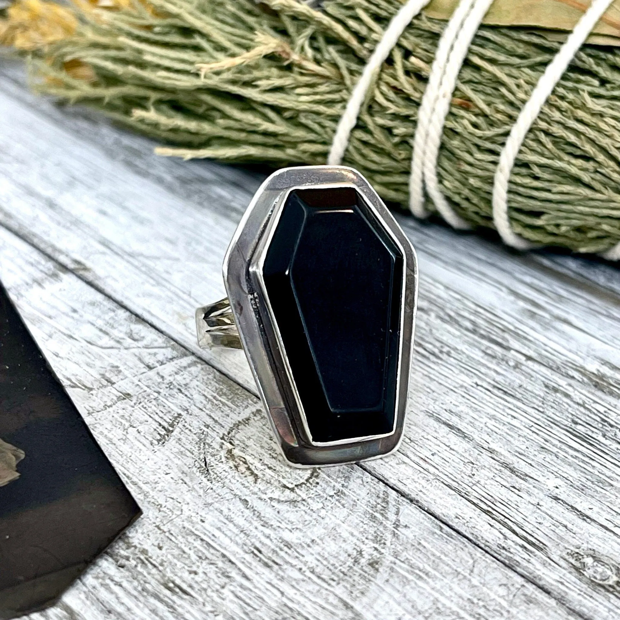 Black Onyx Coffin Ring in Solid Sterling Silver- Designed by FOXLARK Collection Size 6 7 8 9 10 / Big Crystal Ring Witchy Haloween Jewelry