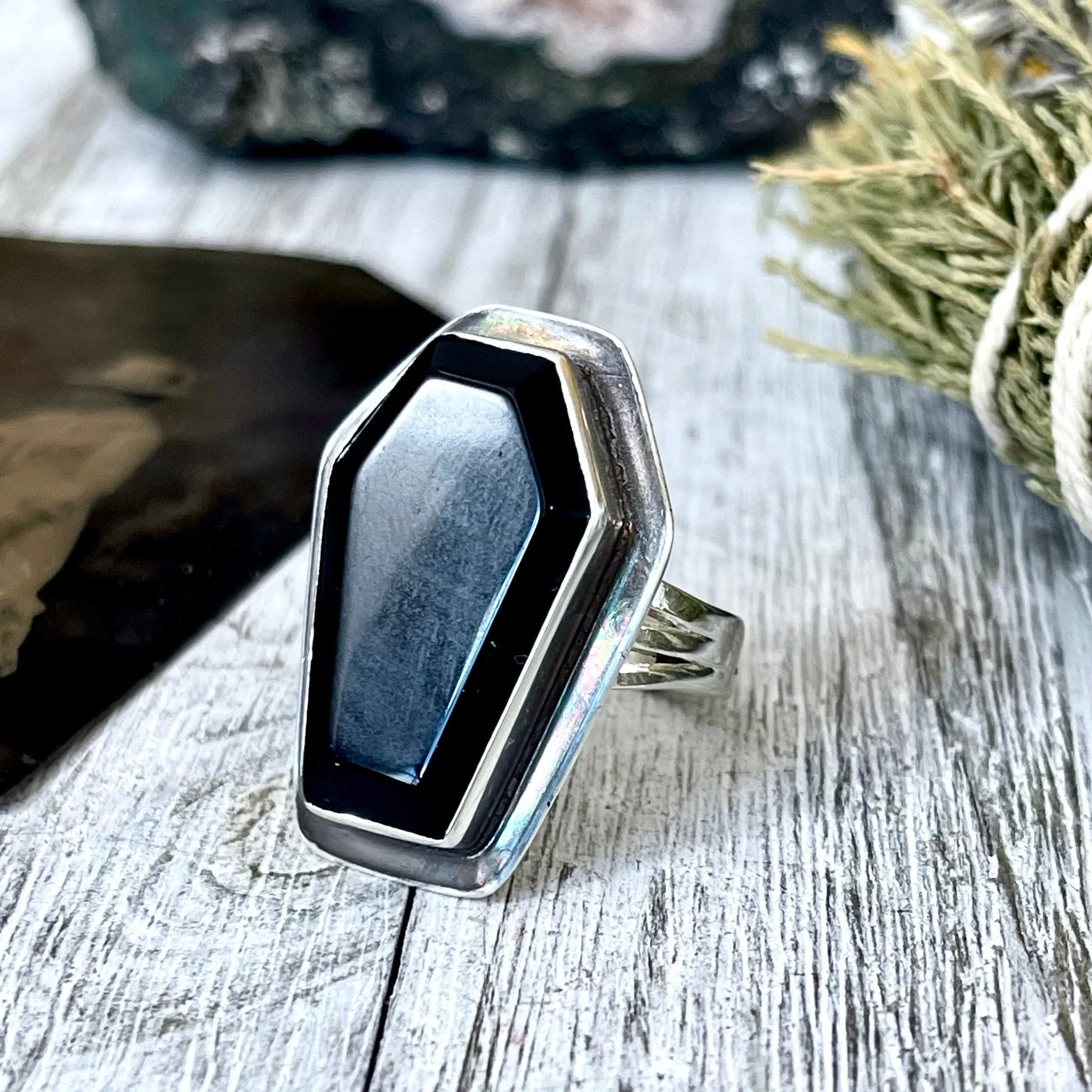 Black Onyx Coffin Ring in Solid Sterling Silver- Designed by FOXLARK Collection Size 6 7 8 9 10 / Big Crystal Ring Witchy Haloween Jewelry